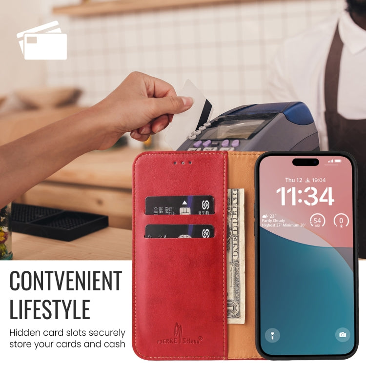 For iPhone 16 Pro Fierre Shann PU Genuine Leather Texture Phone Case(Red) - iPhone 16 Pro Cases by FIERRE SHANN | Online Shopping South Africa | PMC Jewellery | Buy Now Pay Later Mobicred