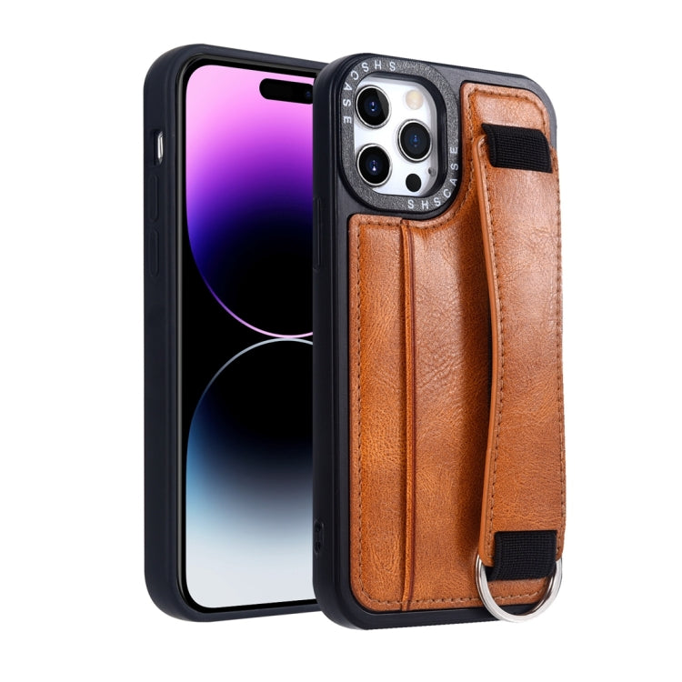 For iPhone 14 Pro Photo Frame Card Wallet Wrist Strap Holder Back Cover Phone Case(Brown) - iPhone 14 Pro Cases by PMC Jewellery | Online Shopping South Africa | PMC Jewellery