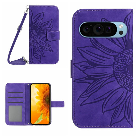 For Google Pixel 9 Pro Skin Feel Sun Flower Embossed Flip Leather Phone Case with Lanyard(Dark Purple) - Google Cases by PMC Jewellery | Online Shopping South Africa | PMC Jewellery | Buy Now Pay Later Mobicred