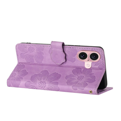 For iPhone 16 Flower Embossing Pattern Leather Phone Case(Purple) - iPhone 16 Cases by PMC Jewellery | Online Shopping South Africa | PMC Jewellery | Buy Now Pay Later Mobicred