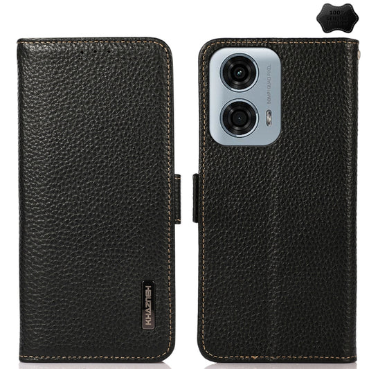 For Motorola Moto G24 KHAZNEH Side-Magnetic Litchi Genuine Leather RFID Phone Case(Black) - Motorola Cases by PMC Jewellery | Online Shopping South Africa | PMC Jewellery | Buy Now Pay Later Mobicred