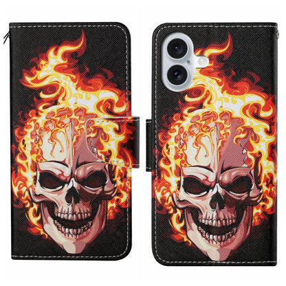 For iPhone 16 3D Colored Drawing Flip Leather Phone Case(Flame Skull) - iPhone 16 Cases by PMC Jewellery | Online Shopping South Africa | PMC Jewellery | Buy Now Pay Later Mobicred