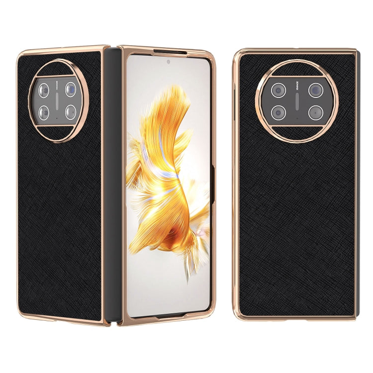 For Huawei Mate X3 Electroplating Cross Texture Genuine Leather Phone Case(Black) - Huawei Cases by PMC TechLife | Online Shopping South Africa | PMC TechLife | Buy Now Pay Later Mobicred