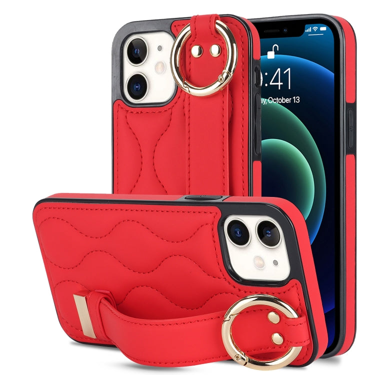 For iPhone 12 mini Non-slip Full Coverage Ring PU Phone Case with Wristband(Red) - iPhone 12 mini Cases by PMC Jewellery | Online Shopping South Africa | PMC Jewellery