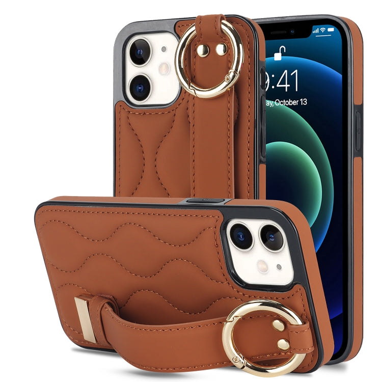 For iPhone 12 mini Non-slip Full Coverage Ring PU Phone Case with Wristband(Brown) - iPhone 12 mini Cases by PMC Jewellery | Online Shopping South Africa | PMC Jewellery