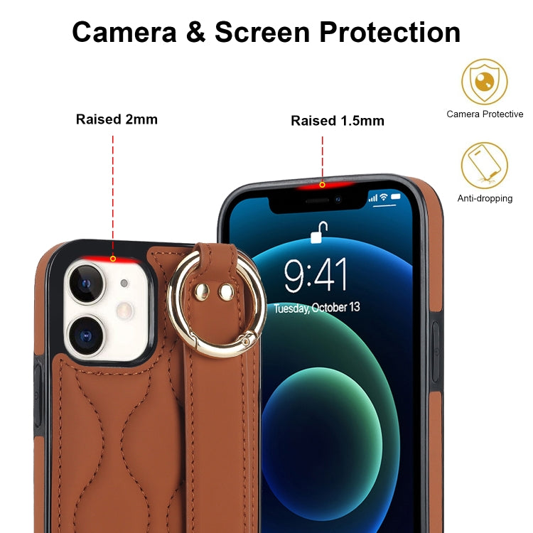 For iPhone 12 mini Non-slip Full Coverage Ring PU Phone Case with Wristband(Brown) - iPhone 12 mini Cases by PMC Jewellery | Online Shopping South Africa | PMC Jewellery