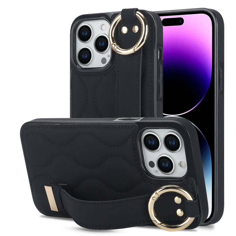 For iPhone 14 Pro Non-slip Full Coverage Ring PU Phone Case with Wristband(Black) - iPhone 14 Pro Cases by PMC Jewellery | Online Shopping South Africa | PMC Jewellery