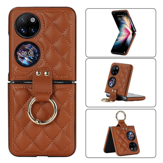 For Huawei P50 Pocket Rhombic Microfiber Folding Phone Case with Ring(Brown) - Huawei Cases by PMC Jewellery | Online Shopping South Africa | PMC Jewellery | Buy Now Pay Later Mobicred