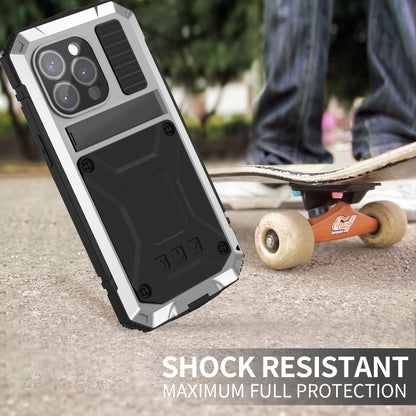 For iPhone 15 Pro R-JUST Shockproof Life Waterproof Dust-proof Metal + Silicone Phone Case with Holder(Silver) - iPhone 15 Pro Cases by R-JUST | Online Shopping South Africa | PMC Jewellery