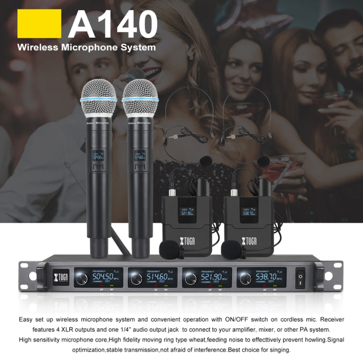 XTUGA A140-H Wireless Microphone System 4 Channel UHF Handheld Microphone(US Plug) - Microphone by XTUGA | Online Shopping South Africa | PMC Jewellery | Buy Now Pay Later Mobicred