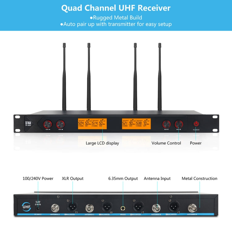 XTUGA A400-HB Professional 4-Channel UHF Wireless Microphone System with 2 Handheld & 2 Headset Microphone(UK Plug) - Microphone by XTUGA | Online Shopping South Africa | PMC TechLife | Buy Now Pay Later Mobicred