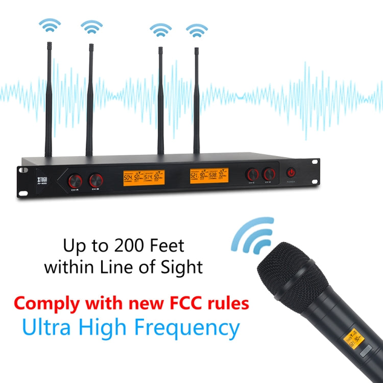 XTUGA A400-H Professional 4-Channel UHF Wireless Microphone System with 4 Handheld Microphone(UK Plug) - Microphone by XTUGA | Online Shopping South Africa | PMC Jewellery | Buy Now Pay Later Mobicred