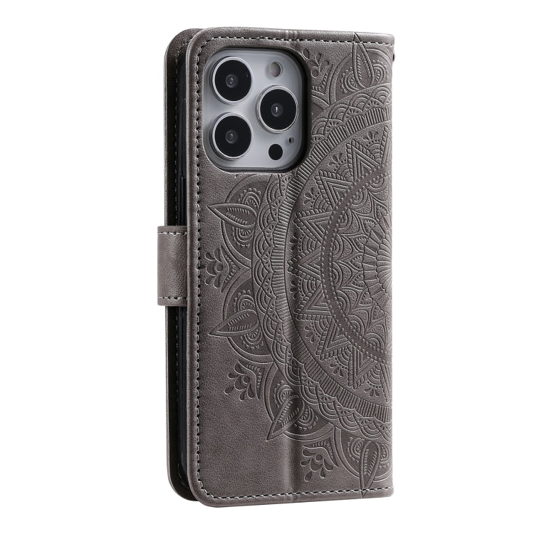 For iPhone 16 Pro Max Totem Flower Embossed Leather Phone Case(Grey) - iPhone 16 Pro Max Cases by PMC Jewellery | Online Shopping South Africa | PMC Jewellery | Buy Now Pay Later Mobicred