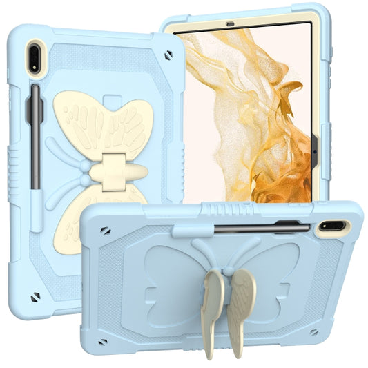 For Samsung Galaxy Tab S9 Butterfly Kickstand Heavy Duty Hard Rugged Tablet Case(Beige+Ice Blue) - Galaxy Tab S9 Cases by PMC Jewellery | Online Shopping South Africa | PMC Jewellery | Buy Now Pay Later Mobicred