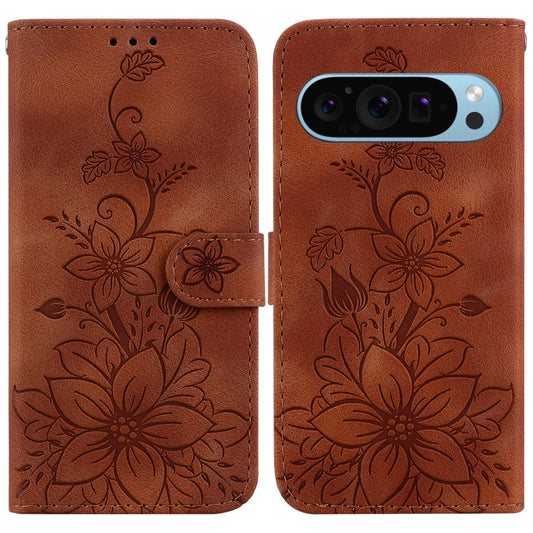 For Google Pixel 9 Lily Embossed Leather Phone Case(Brown) - Google Cases by PMC Jewellery | Online Shopping South Africa | PMC Jewellery | Buy Now Pay Later Mobicred