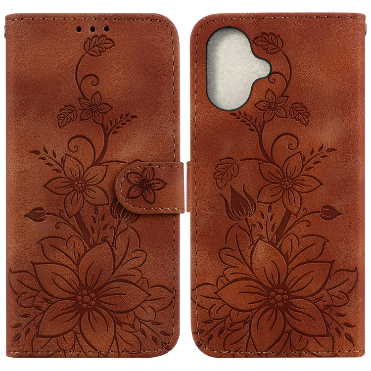 For iPhone 16 Plus Lily Embossed Leather Phone Case(Brown) - free shipping - PMC TechLife - Order now!