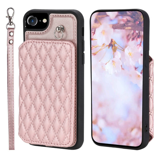 For iPhone SE 2022 / 2020 / 8 / 7 Grid Texture Card Bag Phone Case with Lanyard(Rose Gold) - iPhone SE 2022 / 2020 / 8 / 7 Cases by PMC Jewellery | Online Shopping South Africa | PMC Jewellery