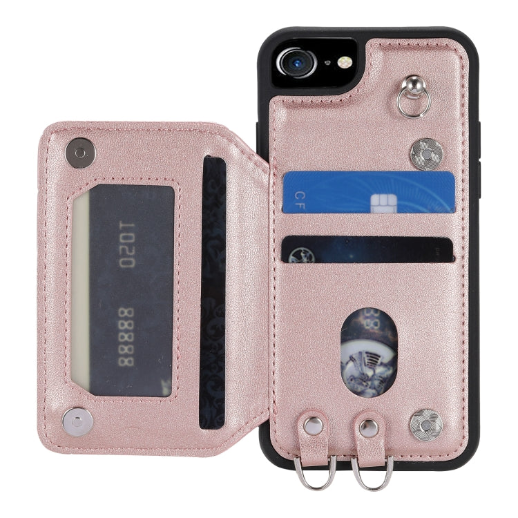 For iPhone SE 2022 / 2020 / 8 / 7 Grid Texture Card Bag Phone Case with Lanyard(Rose Gold) - iPhone SE 2022 / 2020 / 8 / 7 Cases by PMC Jewellery | Online Shopping South Africa | PMC Jewellery