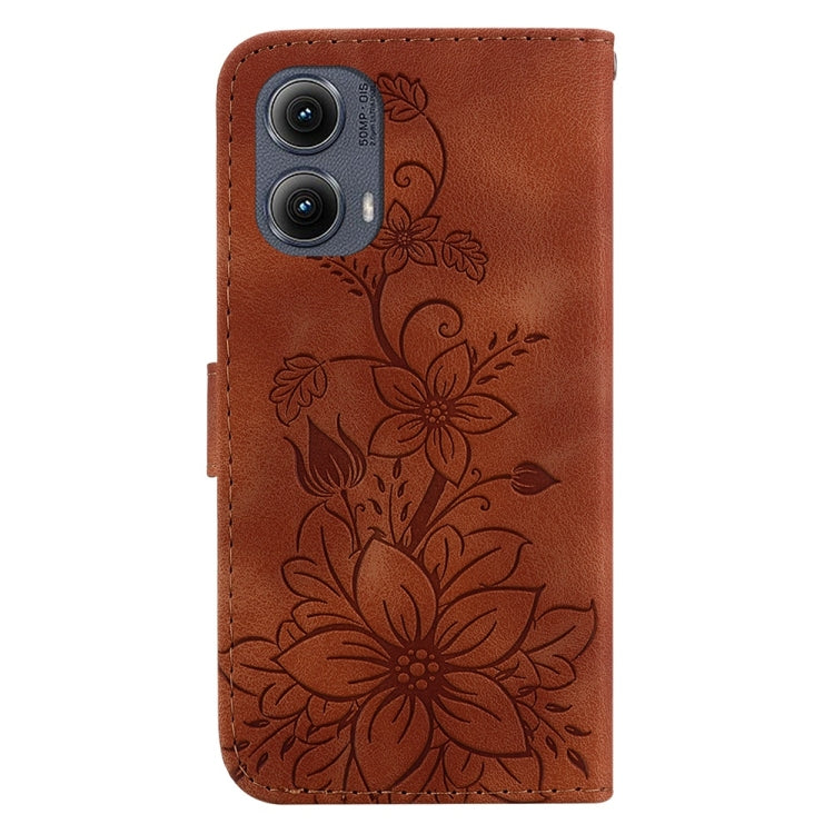 For Motorola Edge 2024 Lily Embossed Leather Phone Case(Brown) - Motorola Cases by PMC Jewellery | Online Shopping South Africa | PMC Jewellery | Buy Now Pay Later Mobicred