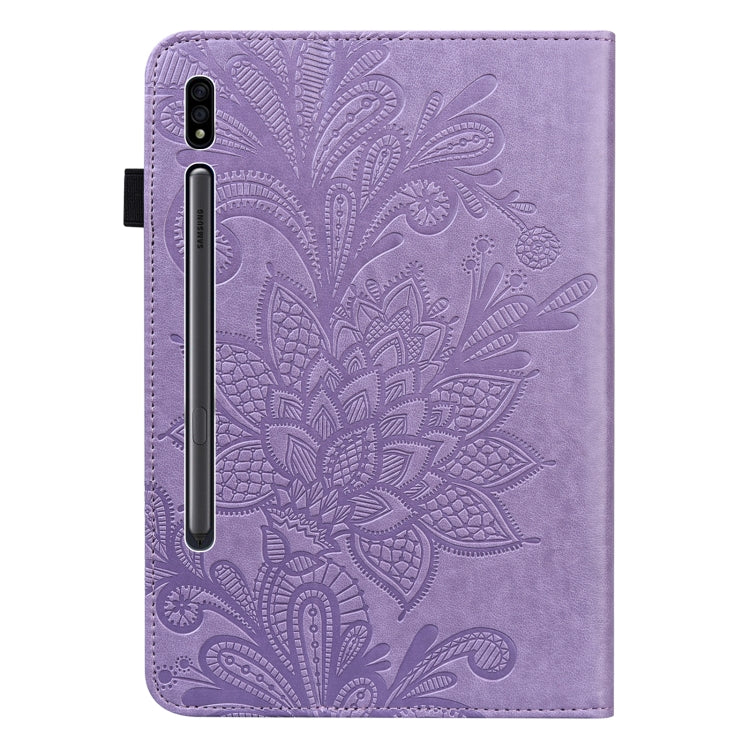 For Samsung Galaxy Tab S9 Lace Flower Embossing Pattern Leather Tablet Case(Purple) - Galaxy Tab S9 Cases by PMC Jewellery | Online Shopping South Africa | PMC Jewellery | Buy Now Pay Later Mobicred