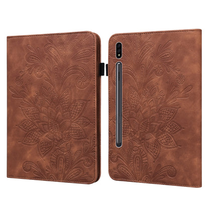 For Samsung Galaxy Tab S9 Lace Flower Embossing Pattern Leather Tablet Case(Brown) - Galaxy Tab S9 Cases by PMC Jewellery | Online Shopping South Africa | PMC Jewellery | Buy Now Pay Later Mobicred