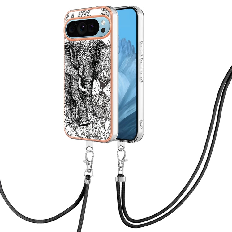 For Google Pixel 9 / 9 Pro Electroplating Dual-side IMD Phone Case with Lanyard(Totem Elephant) - Google Cases by PMC Jewellery | Online Shopping South Africa | PMC Jewellery | Buy Now Pay Later Mobicred