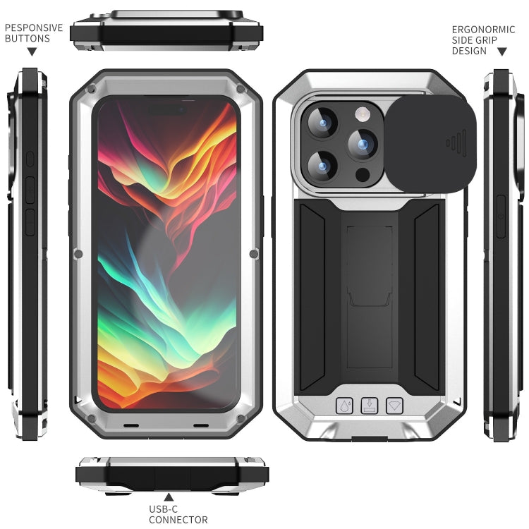 For iPhone 15 Pro R-JUST Sliding Camera IP54 Life Waterproof Holder Phone Case(Silver) - iPhone 15 Pro Cases by R-JUST | Online Shopping South Africa | PMC Jewellery | Buy Now Pay Later Mobicred