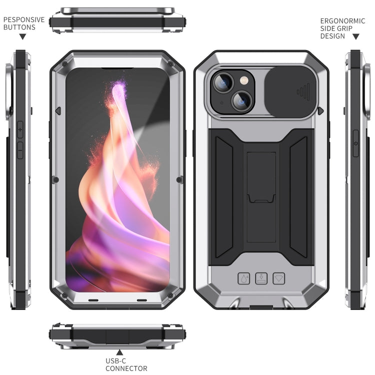 For iPhone 15 Plus R-JUST Sliding Camera Life Waterproof Holder Phone Case(Silver) - iPhone 15 Plus Cases by R-JUST | Online Shopping South Africa | PMC Jewellery