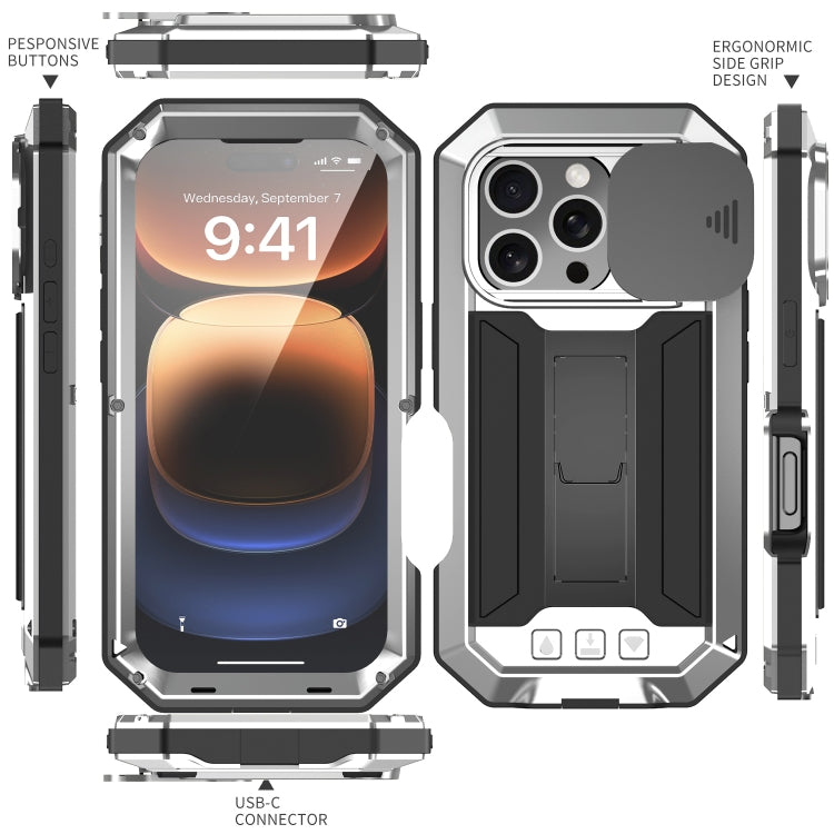 For iPhone 16 Pro Max R-JUST Sliding Camera IP54 Life Waterproof Holder Phone Case(Silver) - iPhone 16 Pro Max Cases by R-JUST | Online Shopping South Africa | PMC Jewellery | Buy Now Pay Later Mobicred