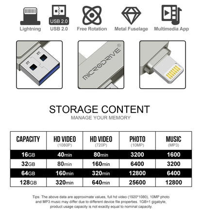 MicroDrive 2 In 1  8 Pin + USB 2.0 Portable Metal USB Flash Disk, Capacity:64GB(Silver) - USB Flash Drives by MICRODRIVE | Online Shopping South Africa | PMC Jewellery | Buy Now Pay Later Mobicred