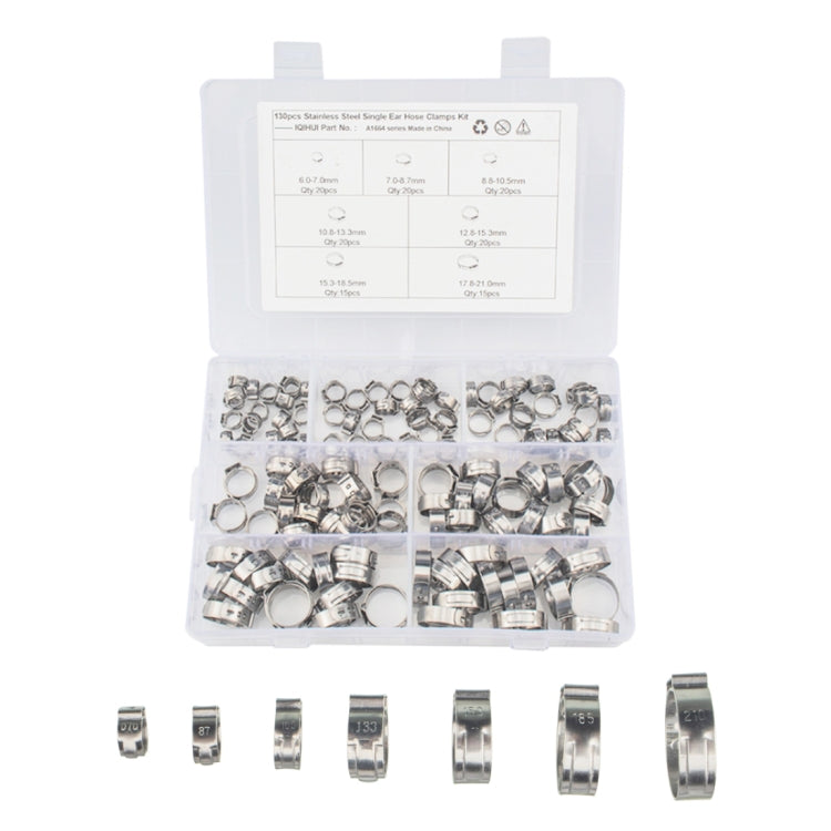 130 PCS Adjustable Single Ear Plus Stainless Steel Hydraulic Hose Clamps O-Clips Pipe Fuel Air with Ear Clamp Pincer Inside Diameter Range: 5.8-21mm - Booster Cable & Clip by PMC Jewellery | Online Shopping South Africa | PMC Jewellery | Buy Now Pay Later Mobicred