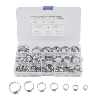 90 PCS Adjustable Single Ear Plus Stainless Steel Hydraulic Hose Clamps O-Clips Pipe Fuel Air with Ear Clamp Pincer Inside Diameter Range: 5.8-21mm - Booster Cable & Clip by PMC Jewellery | Online Shopping South Africa | PMC Jewellery | Buy Now Pay Later Mobicred