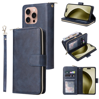 For iPhone 16 Pro 9 Card Slots Zipper Wallet Bag Leather Phone Case(Blue) - iPhone 16 Pro Cases by PMC Jewellery | Online Shopping South Africa | PMC Jewellery | Buy Now Pay Later Mobicred