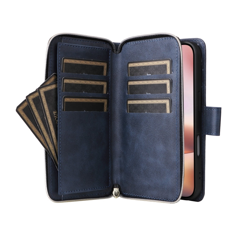 For iPhone 16 Plus 9 Card Slots Zipper Wallet Bag Leather Phone Case(Blue) - iPhone 16 Plus Cases by PMC Jewellery | Online Shopping South Africa | PMC Jewellery | Buy Now Pay Later Mobicred