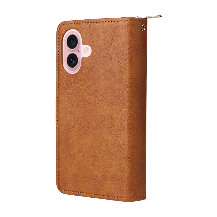 For iPhone 16 9 Card Slots Zipper Wallet Bag Leather Phone Case(Brown) - iPhone 16 Cases by PMC Jewellery | Online Shopping South Africa | PMC Jewellery | Buy Now Pay Later Mobicred