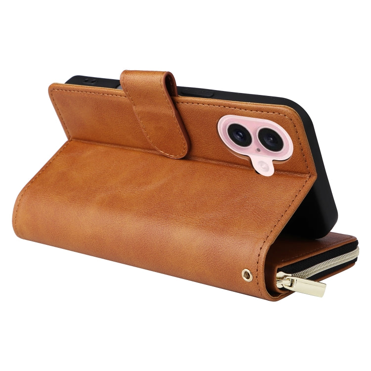 For iPhone 16 9 Card Slots Zipper Wallet Bag Leather Phone Case(Brown) - iPhone 16 Cases by PMC Jewellery | Online Shopping South Africa | PMC Jewellery | Buy Now Pay Later Mobicred