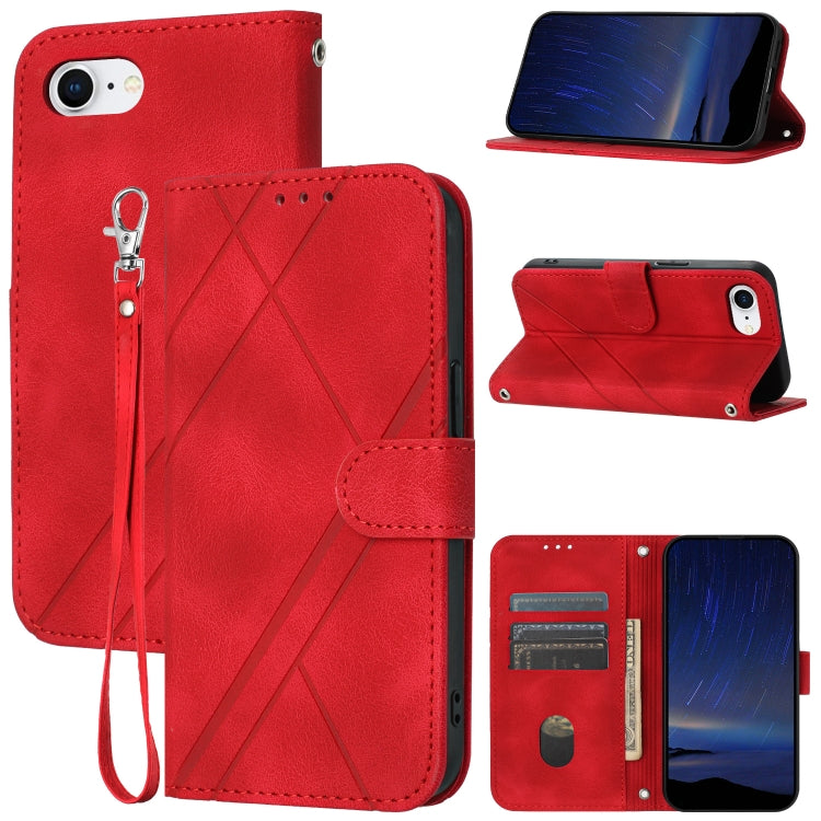 For iPhone SE 2024 Embossed Line Leather Phone Case with Lanyard(Red) - More iPhone Cases by PMC Jewellery | Online Shopping South Africa | PMC Jewellery | Buy Now Pay Later Mobicred