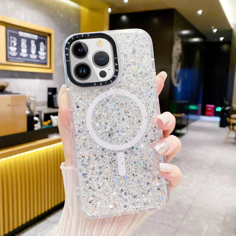 For iPhone 15 Pro Gold Armor MagSafe Glitter Epoxy Phone Case(White) - iPhone 15 Pro Cases by PMC Jewellery | Online Shopping South Africa | PMC Jewellery