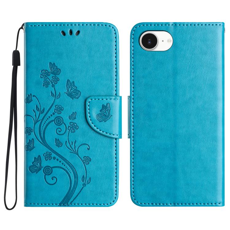 For iPhone 16e Butterfly Flower Pattern Flip Leather Phone Case(Blue) - iPhone 16e Cases by PMC TechLife | Online Shopping South Africa | PMC TechLife | Buy Now Pay Later Mobicred