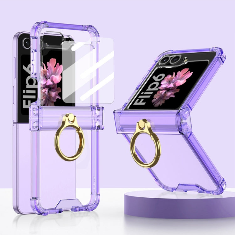 For Samsung Galaxy Z Flip6 Gkk Airbag Hinge Silicone Phone Case with Ring Holder & Tempered Film(Transparent Purple) - Galaxy Z Flip6 5G Cases by GKK | Online Shopping South Africa | PMC Jewellery | Buy Now Pay Later Mobicred