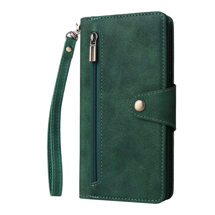 For Google Pixel 8 Rivet Buckle 9 Cards Three Fold Leather Phone Case(Green) - Google Cases by PMC Jewellery | Online Shopping South Africa | PMC Jewellery | Buy Now Pay Later Mobicred