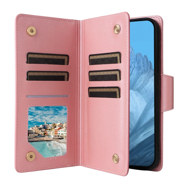 For Google Pixel 9 Rivet Buckle 9 Cards Three Fold Leather Phone Case(Rose Gold) - Google Cases by PMC Jewellery | Online Shopping South Africa | PMC Jewellery | Buy Now Pay Later Mobicred