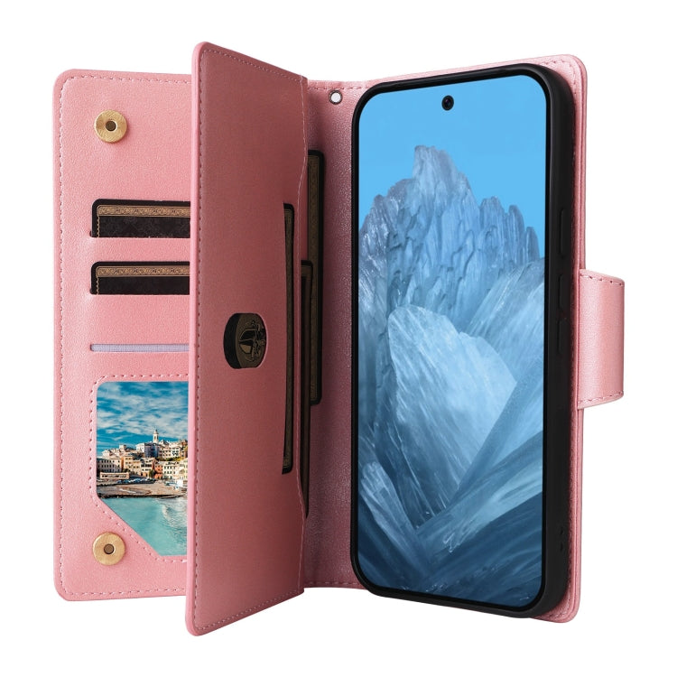 For Google Pixel 9 Rivet Buckle 9 Cards Three Fold Leather Phone Case(Rose Gold) - Google Cases by PMC Jewellery | Online Shopping South Africa | PMC Jewellery | Buy Now Pay Later Mobicred