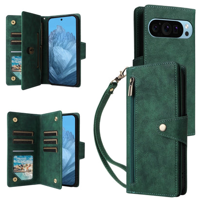 For Google Pixel 9 Rivet Buckle 9 Cards Three Fold Leather Phone Case(Green) - Google Cases by PMC Jewellery | Online Shopping South Africa | PMC Jewellery | Buy Now Pay Later Mobicred