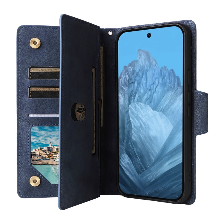 For Google Pixel 9 Rivet Buckle 9 Cards Three Fold Leather Phone Case(Blue) - Google Cases by PMC Jewellery | Online Shopping South Africa | PMC Jewellery | Buy Now Pay Later Mobicred