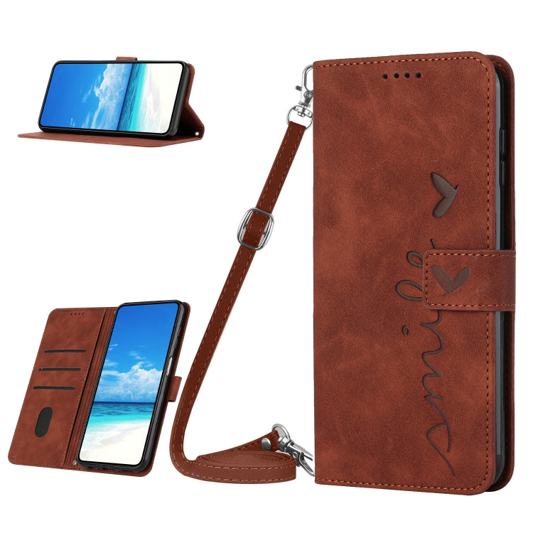 For OPPO A58 4G Skin Feel Heart Pattern Leather Phone Case with Lanyard(Brown) - OPPO Cases by PMC Jewellery | Online Shopping South Africa | PMC Jewellery | Buy Now Pay Later Mobicred