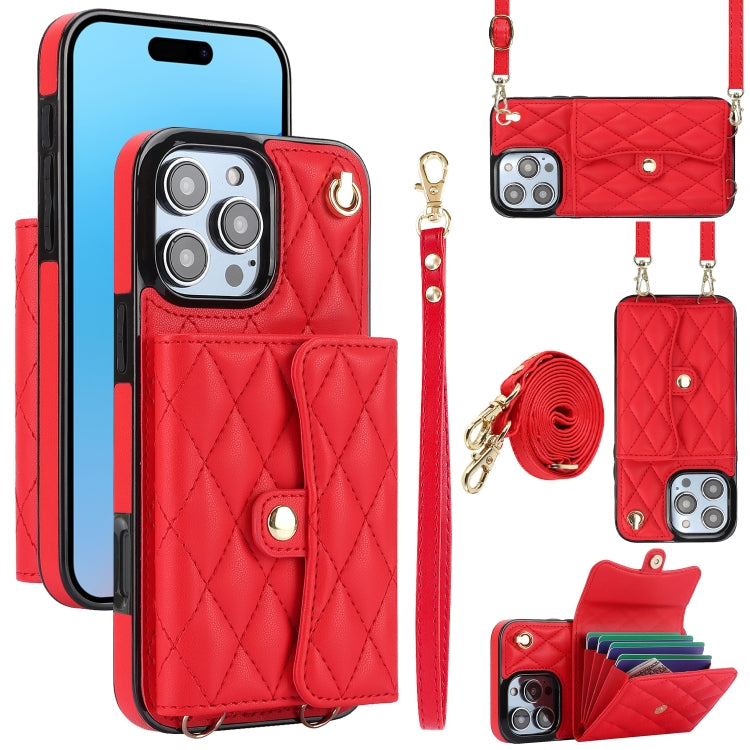 For iPhone 16 Pro Crossbody Rhombic Horizontal Wallet Leather Phone Case(Red) - free shipping - PMC Jewellery - Order now!