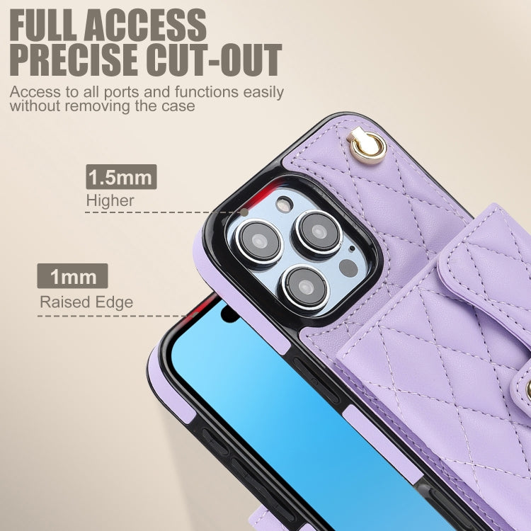 For iPhone 16 Pro Crossbody Rhombic Horizontal Wallet Leather Phone Case(Purple) - iPhone 16 Pro Cases by PMC Jewellery | Online Shopping South Africa | PMC Jewellery | Buy Now Pay Later Mobicred