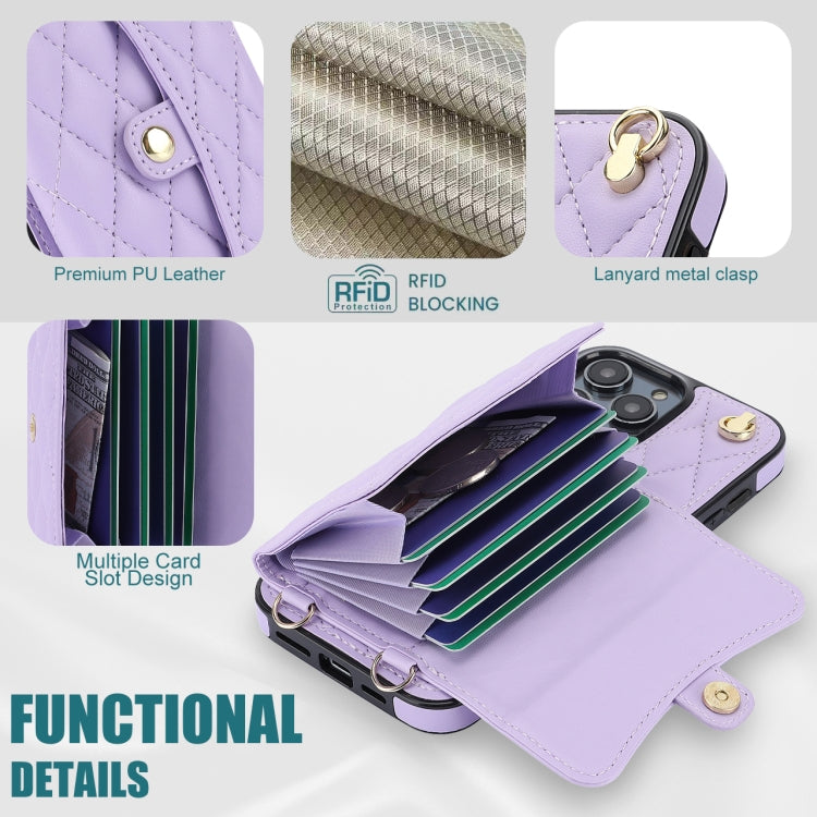 For iPhone 16 Pro Crossbody Rhombic Horizontal Wallet Leather Phone Case(Purple) - iPhone 16 Pro Cases by PMC Jewellery | Online Shopping South Africa | PMC Jewellery | Buy Now Pay Later Mobicred