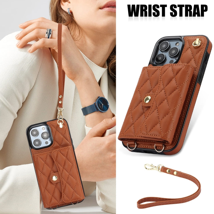 For iPhone 16 Pro Crossbody Rhombic Horizontal Wallet Leather Phone Case(Brown) - iPhone 16 Pro Cases by PMC Jewellery | Online Shopping South Africa | PMC Jewellery | Buy Now Pay Later Mobicred